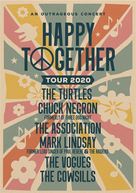 Happy together tour - August 22 @ 7:30 pm - 11:00 pm. Buy TICKETS Tour Schedule. The Happy Together Tour returns to Nashville > Get Tickets! See the show at the Ryman Auditorium on Thursday, August 22, 2024 starting at 7:30 p.m. With The Turtles, Jay & The Americans, Badfinger, The Cowsills, The Association, and The Vogues. Get Tickets!